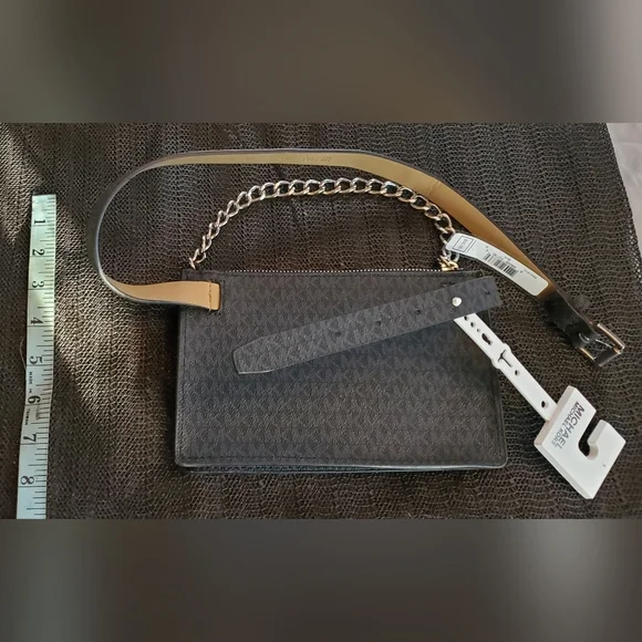 NWT. ON HOLD Michael Kors Signature Belt Bag. Black and Grey With Silver Chain. - Picture 6 of 6